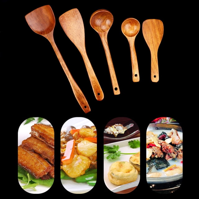 Danhjin Superior Wooden Kitchen Utensil Set 5 Piece Cooking Tools Includ Spatula Frying Spatula Soup Spoon Rice Spoon And Curved Soup Spoon Heatresistant Built To Last