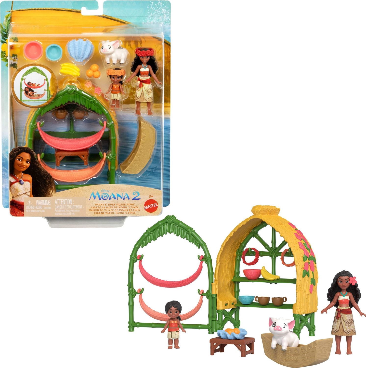 ​Jouets ​Moana 2 de Disney de Mattel, coffret de jeu Maison de village de Moana et Simea avec 2 petites poupées, figurine Pua et 15 accessoires