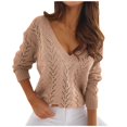thumbnail image 1 of KIHOUT Spring Winter Womens Tops V-Neck Solid Color Hollow Out Recreational Thin Pullover Long Sleeve Sweater Tops, 1 of 9