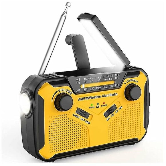 Bathroom Radio and Speaker Portable Radio, Hand Crank/Battery and Mains/Solar Transistor Radio, Weather Radio Emergency Device with LED Flashlight and