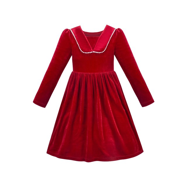Robe Fille Rouge Noël Col Perle Velours Manches Longues Concours Fête 6 Ans