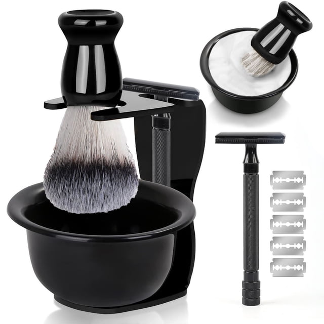 1 Set Men Shaving Kit with Razor Synthetic Bristles Shaving Brush Soap Bowl Stand Men Wet Shaving Grooming Tools Kit Husband Father Gift
