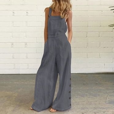 LSLJS Combinaison Ample pour Femmes, Pantalon Décontracté à Bretelles, Jambe Grand, Uni, Salopette à Boutons, Cadeaux pour Femmes