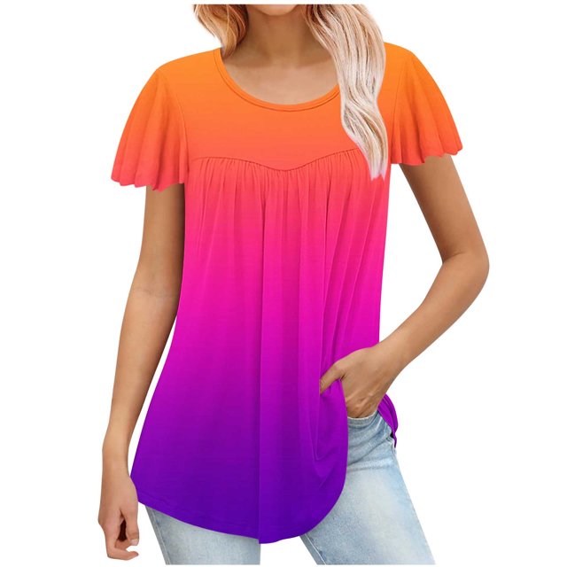 Besolor Hauts d'Été pour Femmes Tendance Dégradé Plissé Manches Courtes Chemises Décontractées Grande Taille Col Rond Blouse Habillée