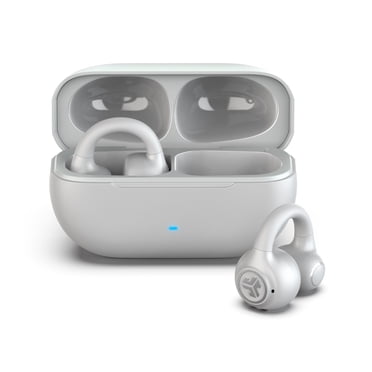 JLab Flex Open Écouteurs, Blanc, Conception à Clip Open-Ear, 21+ H d'Autonomie, IPX4, Multipoint, Appels Clairs, Appairage Rapide