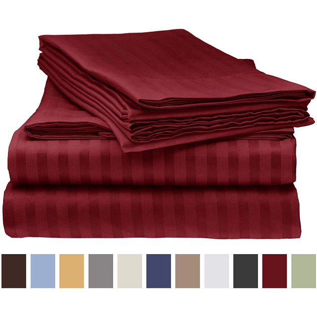 Deluxe Striped 1800 Prestige Soft and Comfortable Bed Sheets Set, Queen Burgundy