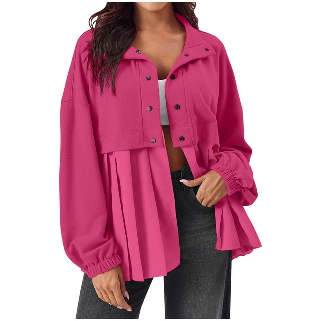 AherBiu Jackets for Women Button down Long Sleeve Ruched Patchwork Shirts Casual Loose Flowy Fall Outerwear