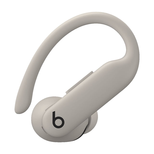 Beats Powerbeats Pro 2 high-performance earbud in Quick Sand color, showing a single wireless earbud with flexible secure-fit earhook and black Beats logo, designed for noise-cancelling, heart rate monitoring, and athletic performance.