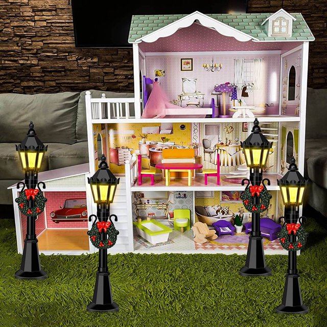 Dollhouse Streetlight 4 Pcs Christmas Mini Street Light Models Dollhouse Streetlight Miniature Village Pathway Lantern Post For DIY Micro Landscape Fairy Garden Accessories