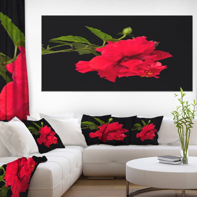 Bright Red Hibiscus on Black - Large Floral Canvas Art Print
