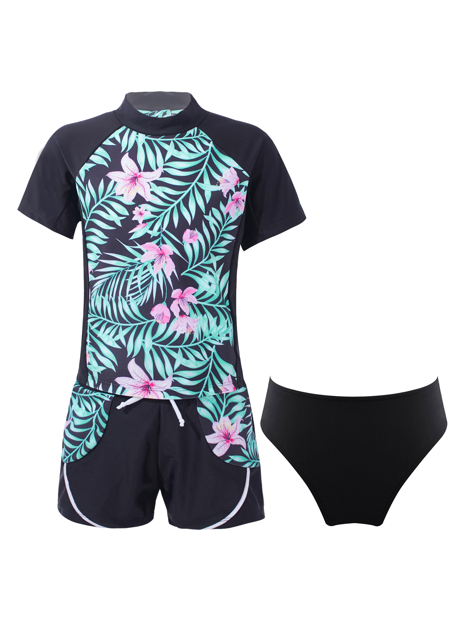 iiniim Girls Short Sleeve Rash Guard Set with Briefs 3Pcs Summer Swimsuit for Surfing Diving Black 16