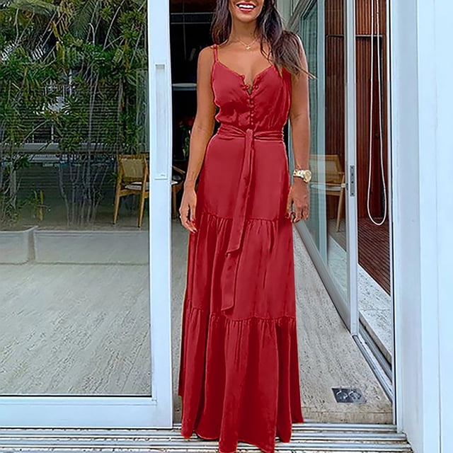 CEHVOM Robe de Mode pour Femmes à Bretelles, Col en V, Unie, Longue, Boutonnée, avec Ceinture
