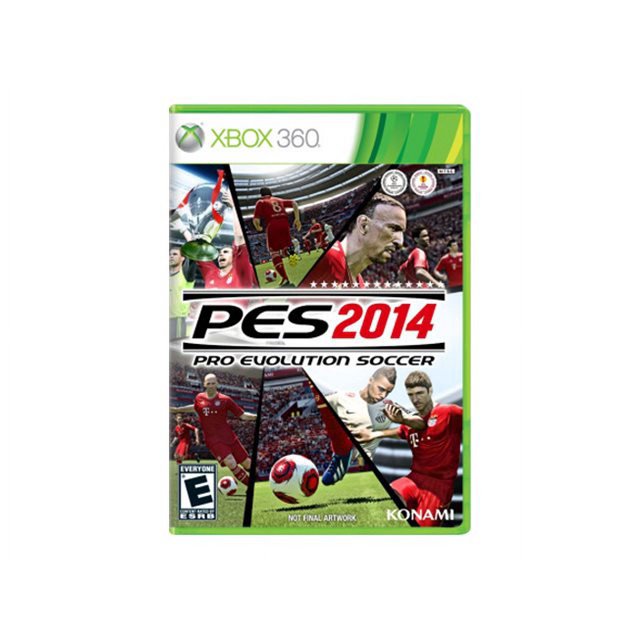 Pro Evolution Soccer 2014 - Xbox 360 game case showcasing football action scenes, the PES 2014 logo, and Konami branding. The game emphasizes realistic sports simulation using the Fox Engine. Rated E for Everyone.