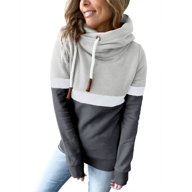 Pompotops Femmes Casual Patchwork Pull Tulleck Hoodies Manches Longues Cordon à Capuche Tops Sweatshirt