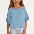 thumbnail image 2 of biudgviw Girls' Cotton Linen Tops Ruffle Half Sleeve Crew Neck Solid Color Loose Tee Shirts Summer Casual Blouses, 2 of 7