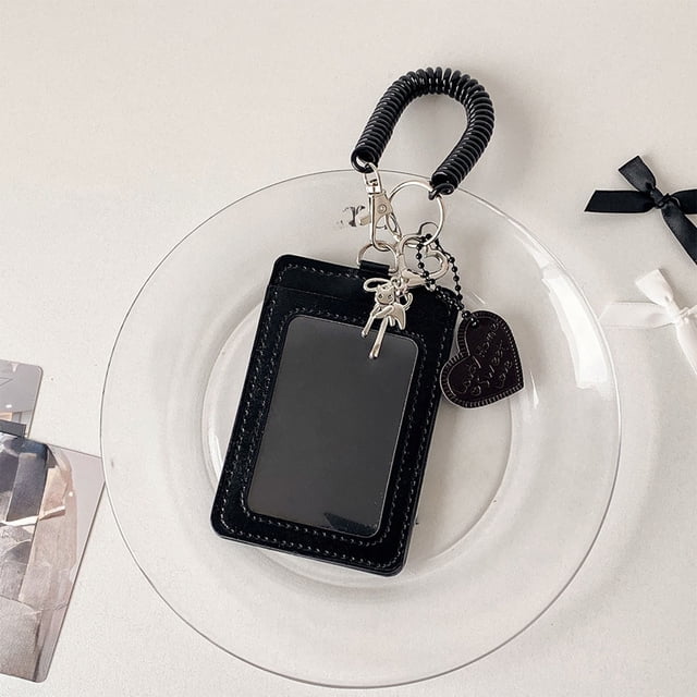 Black Card Holder with Elastic Coil Strap, Leather, Double Card Slots, Clear Window, Compact ID Badge Case for Students and Office Use