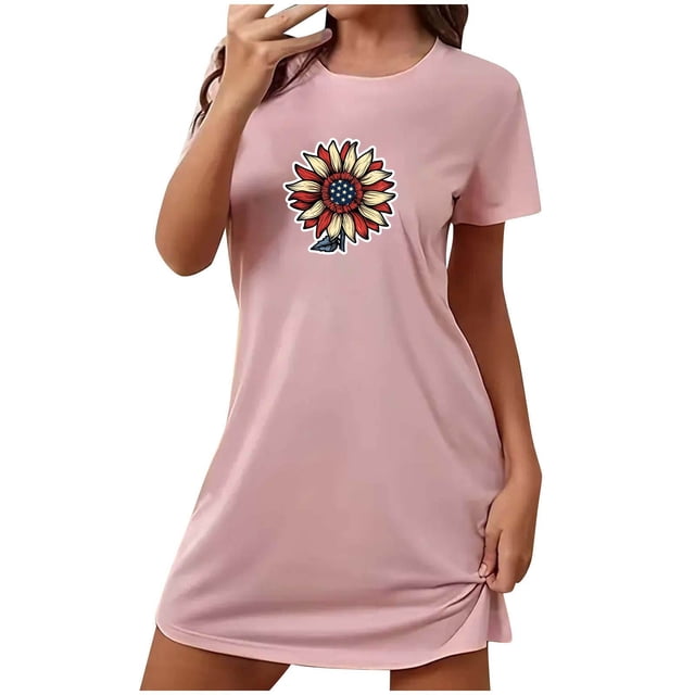Birdeem Chemises de Nuit pour Femmes Chemise de Nuit Courte Surdimensionnée pour Femmes Robe Imprimée à Col Rond et Manches Courtes