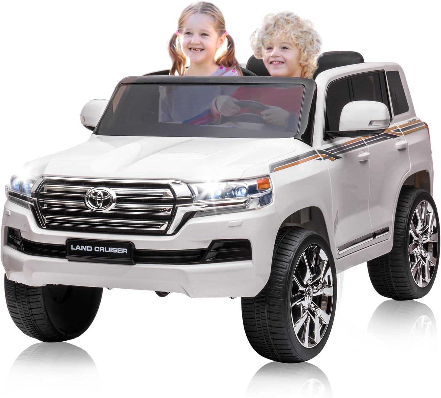 12V Licensed Toyota Land Cruiser Ride-On Car, Remote Control, Two-Seater, 3 Speeds, LED Lights, Music, Horn, Spring Suspension, for Ages 3-8,White