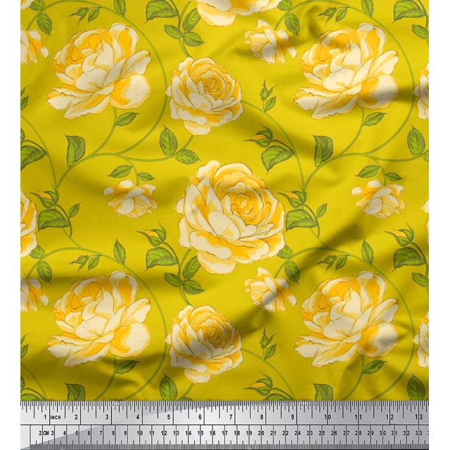 Soimoi Tissu en Poly Georgette Imprimé Feuilles & Roses Floral au Mètre 52 Pouces de Large