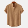 thumbnail image 1 of Babysbule Mens Shirts Clearance Men's Round Neck Pocket Button Solid Cotton Linen Short Sleeve Shirt, 1 of 7