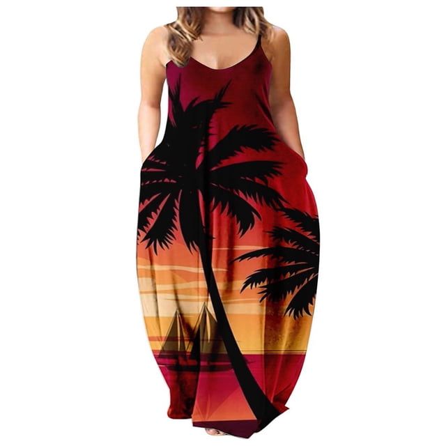 Robe Longue d'Été Sans Manches à Col Rond Imprimé pour Femmes Grande Taille avec Bretelles Spaghetti et Poches