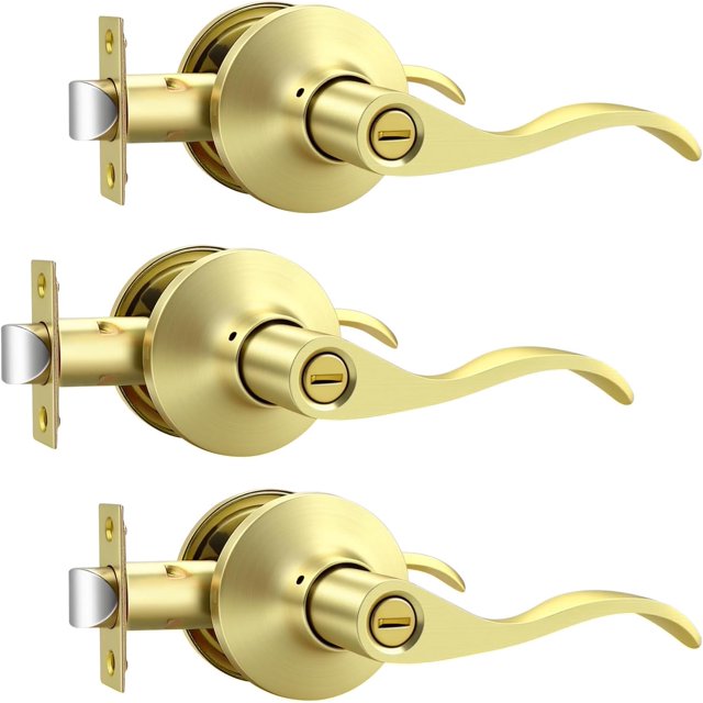 Poignées de Porte d'Intimité en Or Brossé pour Intérieur, Poignée de Porte Intérieure en Laiton Brossé Robuste avec Serrure, Style Ondulé, Sans Clé, Réversible pour Portes de Chambre et de Salle de Bain