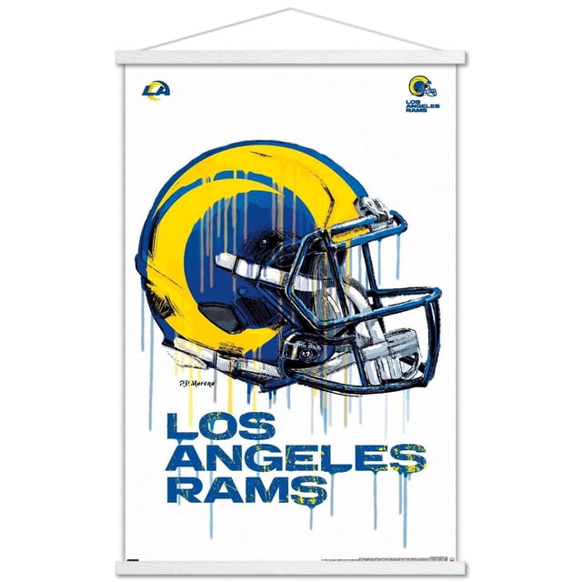 NFL Los Angeles Rams - Drip Helmet 20 Wall Poster, 14.725" x 22.375" Framed featuring a front-facing artistic illustration of a Los Angeles Rams football helmet in blue and yellow with paint drip effects on a white background, with distressed blue text 'LOS ANGELES RAMS' below. This framed wall art is lightweight and easy to hang, suitable for sports room decor or fan spaces.