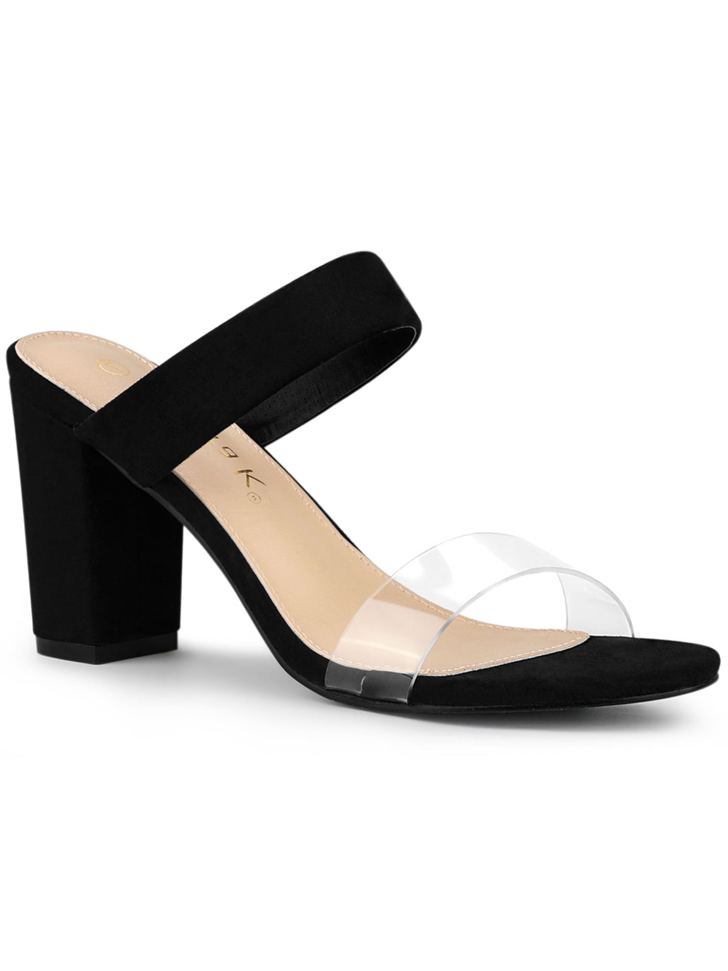 BLISSFUL STEP Sandales Mules à Talon Épais à Double Bride Transparente pour Femmes Noir 10