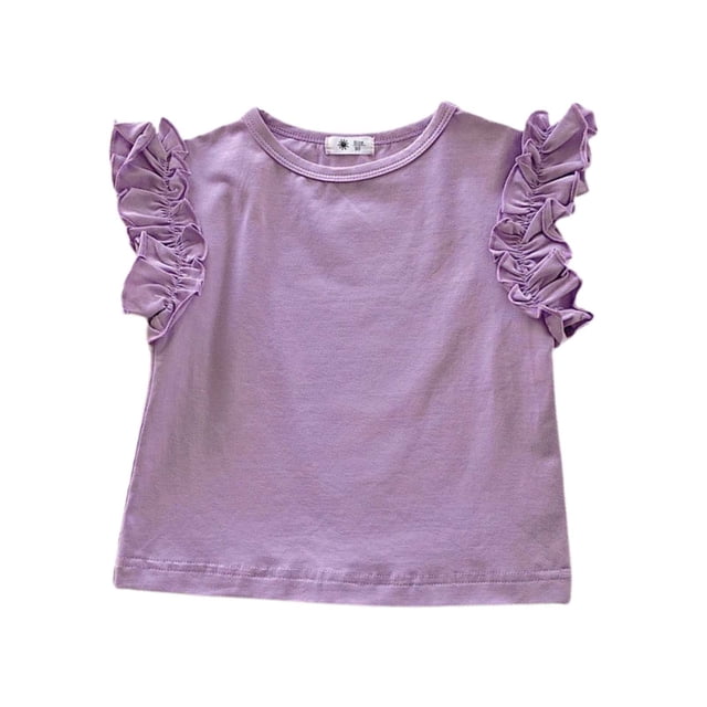 Sunnyoo Girls Ruffle Sleeve Cotton T-Shirt Solid Color Casual Crew Neck T Shirt