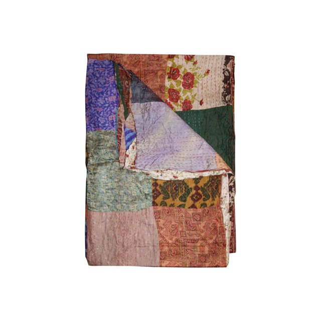 KANTHA SILK THROW BLANKET 60"X90" folded showing quilted patchwork with floral and geometric patterns in blue, green, red, and beige, handcrafted from 100% silk in India, suitable as a throw, tapestry, or table cover.