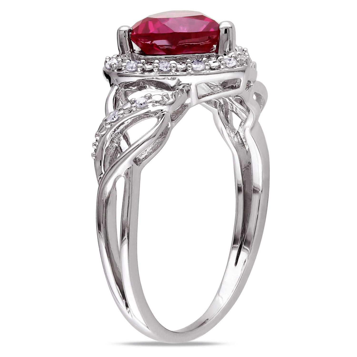 Bague Tangelo avec rubis synthétique de forme cœur 1-5/8 CT PBT et accents de diamants en argent sterling