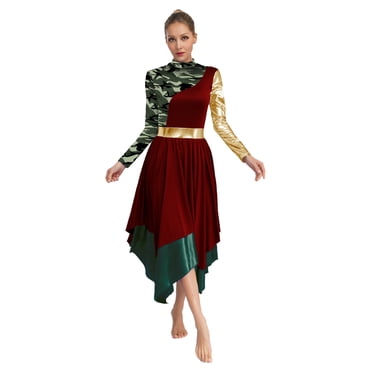 CHICTRY Robe de Danse Liturgique de Louange pour Femme, Blocs de Couleur, Ourlet Irrégulier, Costume de Danse de Culte, Bourgogne G