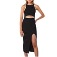 thumbnail image 1 of AherBiu Robes pour Femmes Sans Manches à Découpes, Fente, Robe Midi à Col Ras du Cou, Coupe Ajustée, Robes pour Formes pour Femmes, 1 of 6