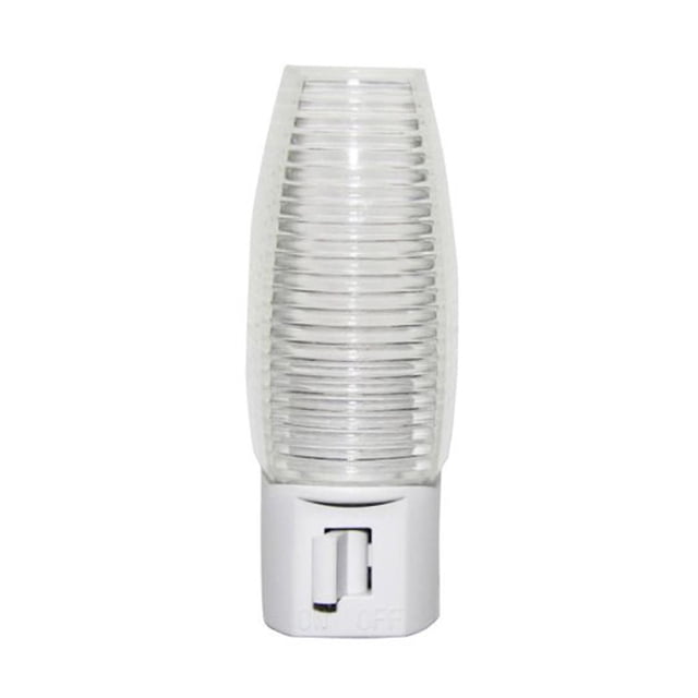 Globe Electric White Manual on/off Switch LED Plug-in Night Light with a clear ribbed acrylic shade and front manual switch, providing energy-saving 0.3 watt soft white 3000K light, ideal for indoor use in hallways, bedrooms, bathrooms, pantries, or laundry rooms.