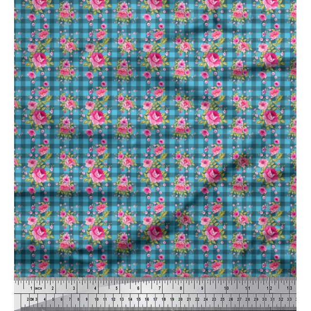 Soimoi polyester Crepe Fabric Check,Leaves & Peony Floral Printed Fabric 1 Yard 52 Inch Wide