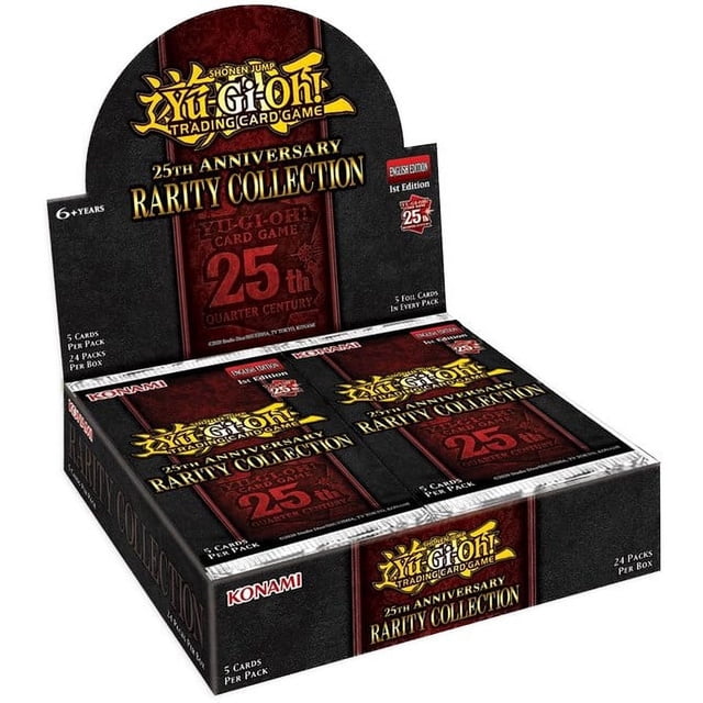 YU-GI-OH CCG: BOOSTER BOX: 25TH ANNIVERSARY: RARITY COLLECTION Booster Box containing 24 packs of multicolour foil trading cards. The box features bold 25th anniversary branding with gold and red accents, emphasizing new rarities like Quarter Century Secret Rares and Prismatic Collector's Rares. Ideal for competitive deck-building and collectors of Yu-Gi-Oh! cards.