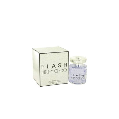 Flash By Jimmy Choo Eau De Parfum Spray 3.4 oz, featuring a sleek glass bottle with a light lavender hue and a matching box with a glittery silver finish. Designed for women, this fragrance combines sweet, fruity, and spicy notes, including strawberry, pink pepper, and tangerine, with romantic base notes of heliotrope and blond wood.