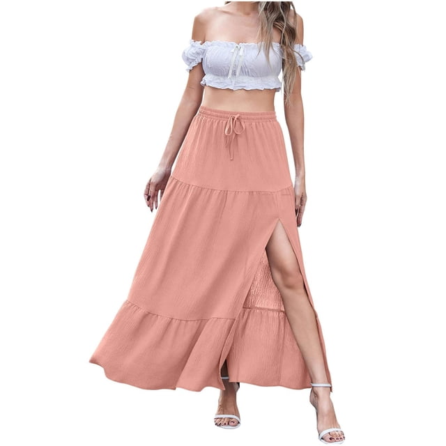 Floleo Jupe Mi-Longue Fendue sur le Côté pour Femme, Sans Manches, Col Ras du Cou, Décontractée, Confortable, Tendance, Attrayante, pour Rendez-Vous, Fête, Vacances, Loisirs, Tenue de Printemps et d'Été (Rose, 3TG)