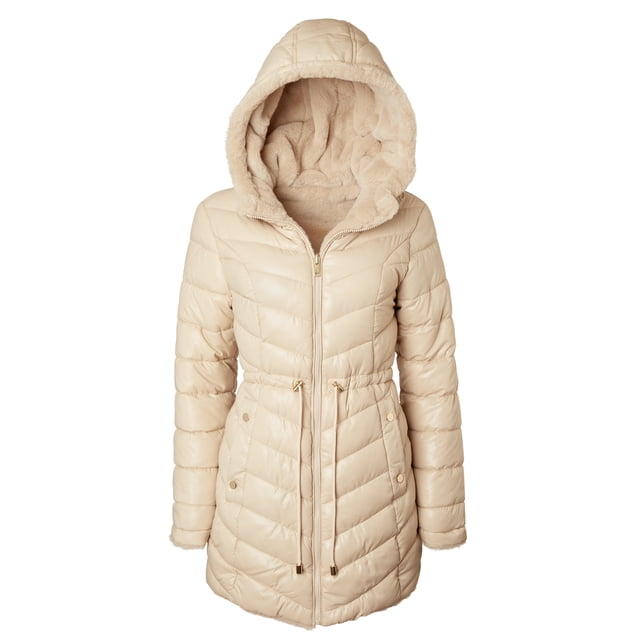 Sportoli Manteau d'Hiver pour Femme Réversible Doublé en Fausse Fourrure, Doudoune Matelassée - Beige (Petit)