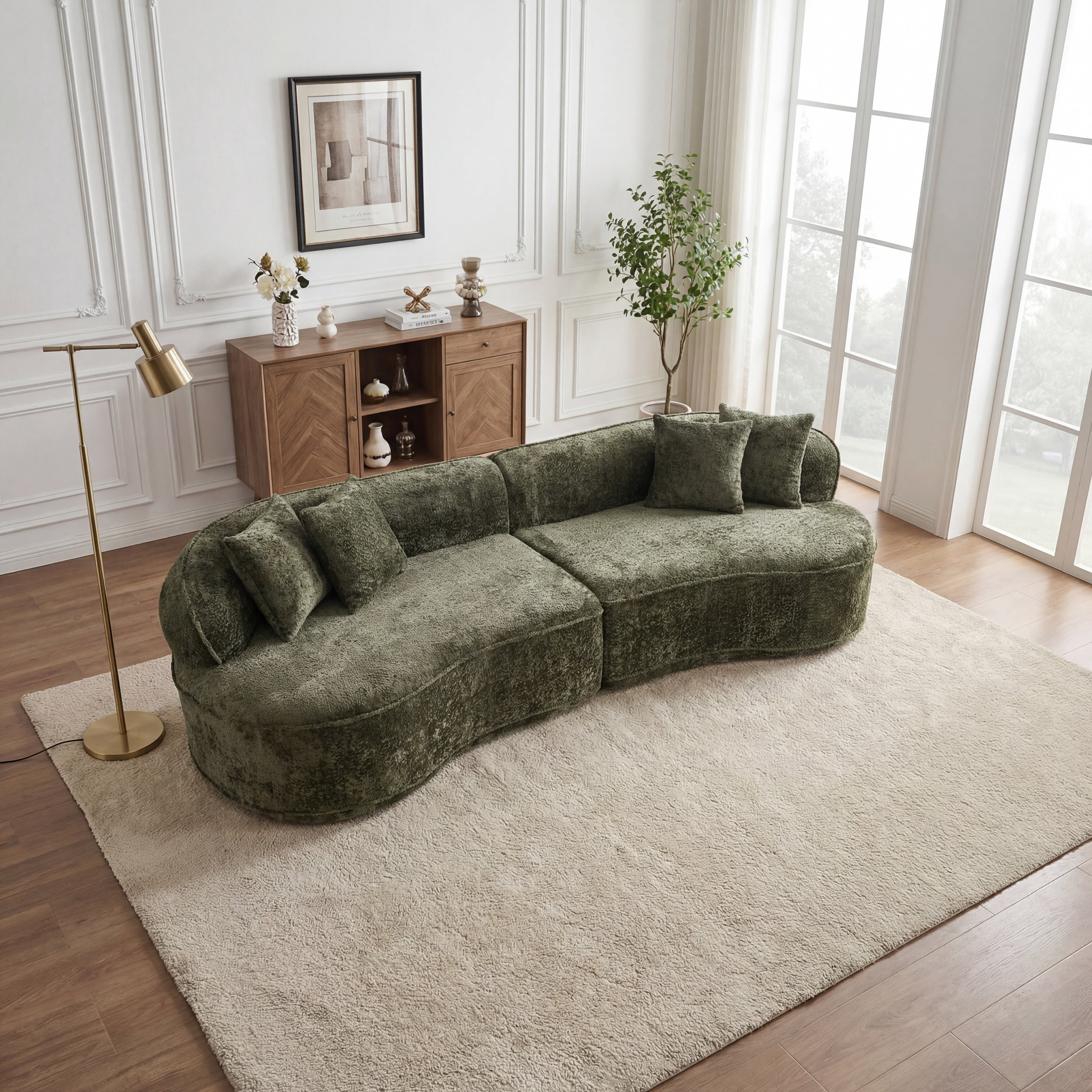 Noble House Modern Curved L-Shape Sectional Sofa,Oversized Minimalist Sleeper Couch for Living Room Apartment,Green