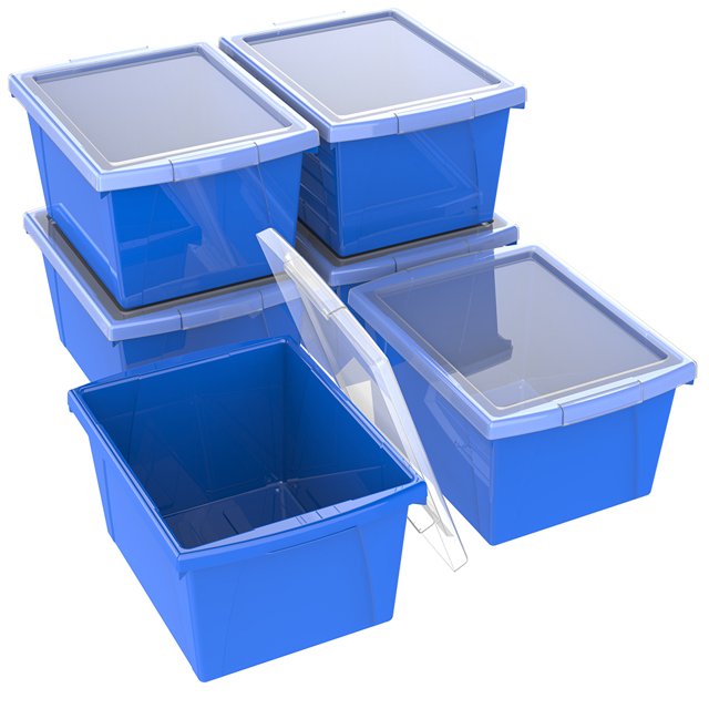 Storex Bac de Rangement pour Salle de Classe 4 Gallons (15L), Bleu, Lot de 6