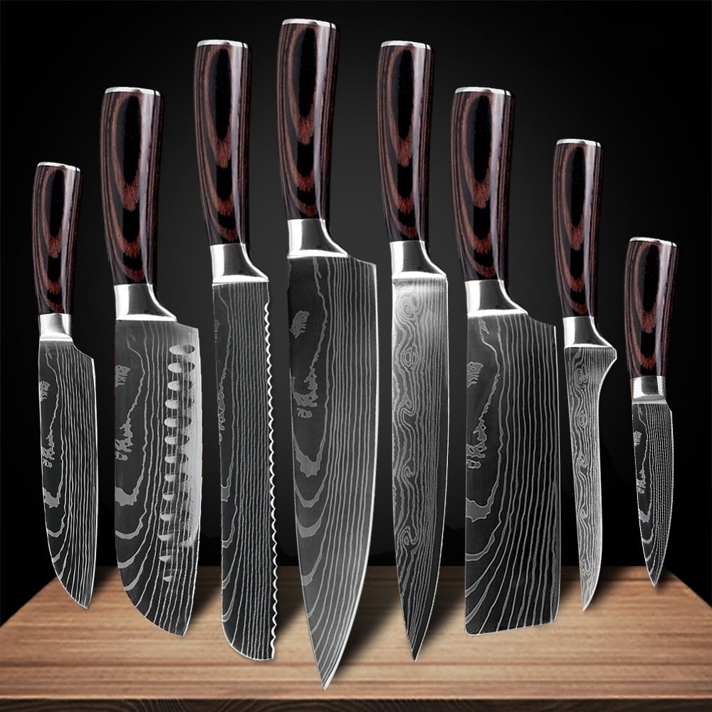 8Pcs/Set kitchen knives Laser Damascus pattern chef knife Sharp Cleaver Slicing Utility Knives tool