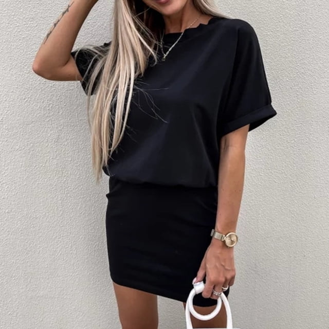 FcBaudy Robe à Manches Courtes à Col Rond, Robes pour Femmes, Robes d'Été pour Femmes Robe d'Été pour Femmes Mode Couleur Unie Col Rond Manches Courtes Robe de Sport Décontractée Robe Femme