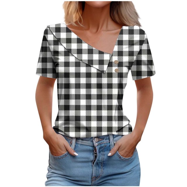 Birdeem Chemise à Manches Courtes pour Femmes avec Imprimé à Carreaux T-Shirt Décontracté
