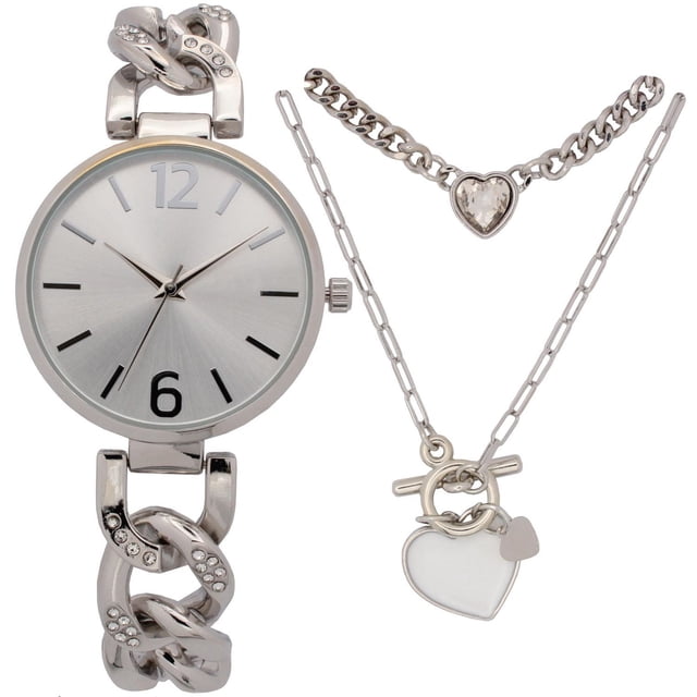 Ladie's Fashion Watch Set with Silver Necklace featuring a 30mm silver-tone round watch with quartz Japan movement and a chain link bracelet accented with clear stones. Includes two silver necklaces: one with a heart-shaped crystal pendant on a chunky chain and another with a fine chain and toggle clasp holding a silver heart charm. Suitable for elegant everyday or special occasion wear.