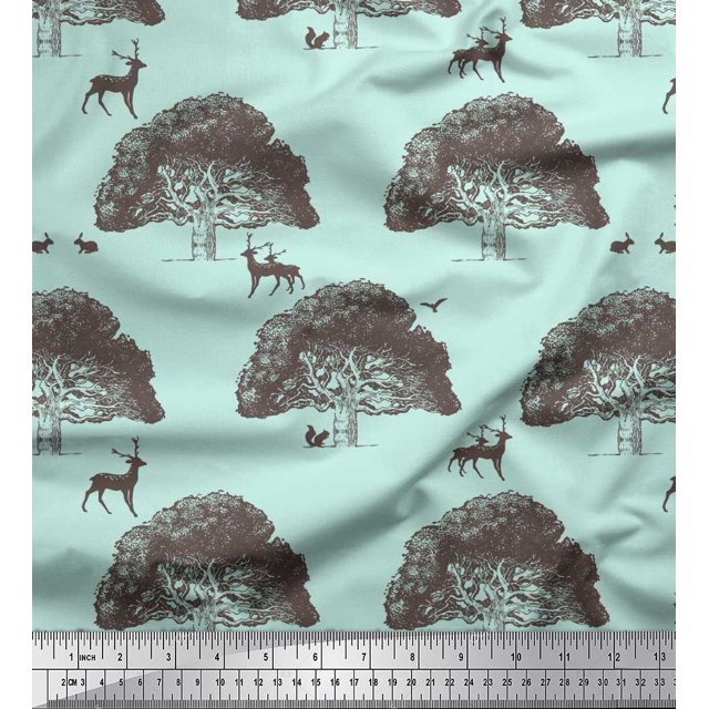 Soimoi Tissu en Coton Duck Arbre, Tissu Imprimé Animal Rabbit & Reindeer 1 Yard 56 Pouces de Large