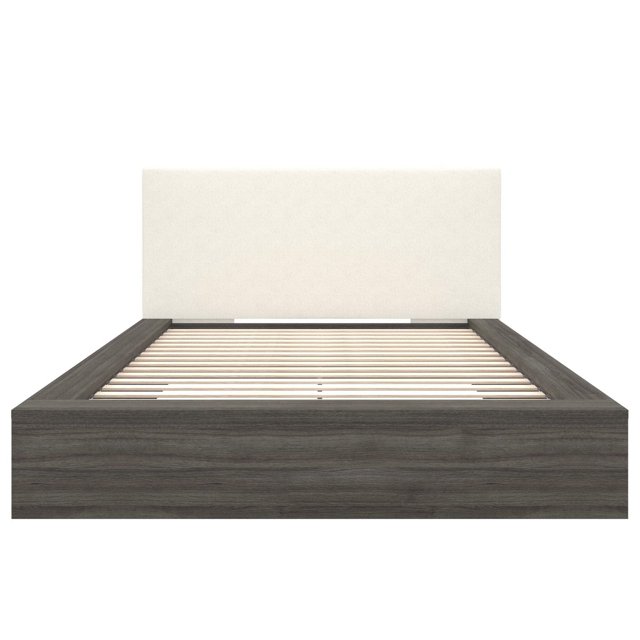 Lit Plateforme Format Grand Jane avec Tête de Lit Rembourrée, Doté d'Un Cadre Fini Chêne Foncé et d'Une Tête de Lit en Tissu Bouclé Blanc Cassé, Vue Orientée vers l'Avant Montrant des Lattes en Bois pour Soutien de Matelas, Conçu pour le Confort et la Durabilité des Meubles de Chambre.