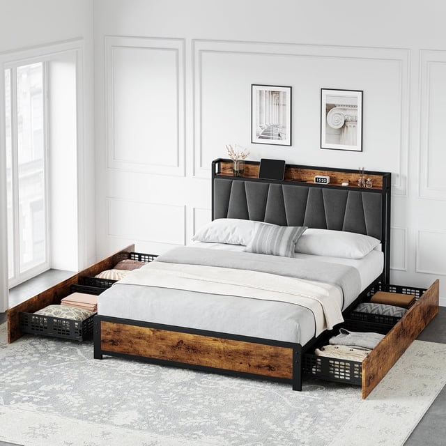Ourlova Queen Size Bed Frame with 4 Storage Drawers Platform Bed Frame Queen Size with Charging Station Upholstered Headboard Queen No Box Spring Needed Vintage Brown