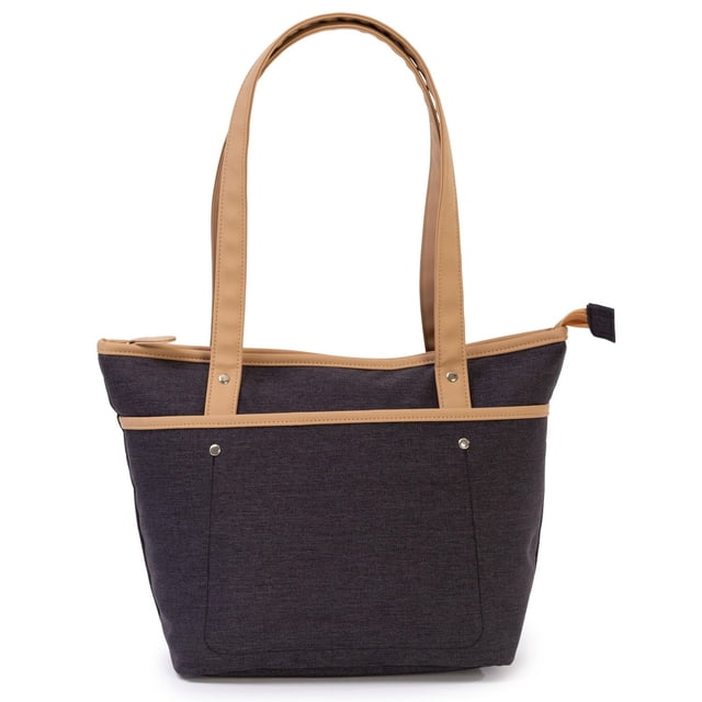 Jetstream Insulated Lunch Box for Women with a front-facing dark charcoal polyester body and tan faux leather trim, featuring ergonomic double shoulder straps, secure zipper closure, and a spacious exterior pocket, suitable for daily meals and snacks on the go.