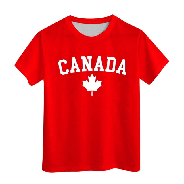 GDREDA 'Canada' T-shirts Canada à Imprimé Drapeau Canada Day pour Filles, T-shirt à Manches Courtes de Couleur Rouge Vif avec une Feuille d'Érable Blanche et un Motif de Texte. Ce T-shirt à Col Rond d'Été Présente une Coupe Décontractée et des Manches Courtes, Fabriqué en polyester Léger et Respirant. Convient aux Garçons de 3 à 13 Ans, avec Diverses Tailles Offertes. Idéal pour les Célébrations Canada Day Ou les Tenues Décontractées.